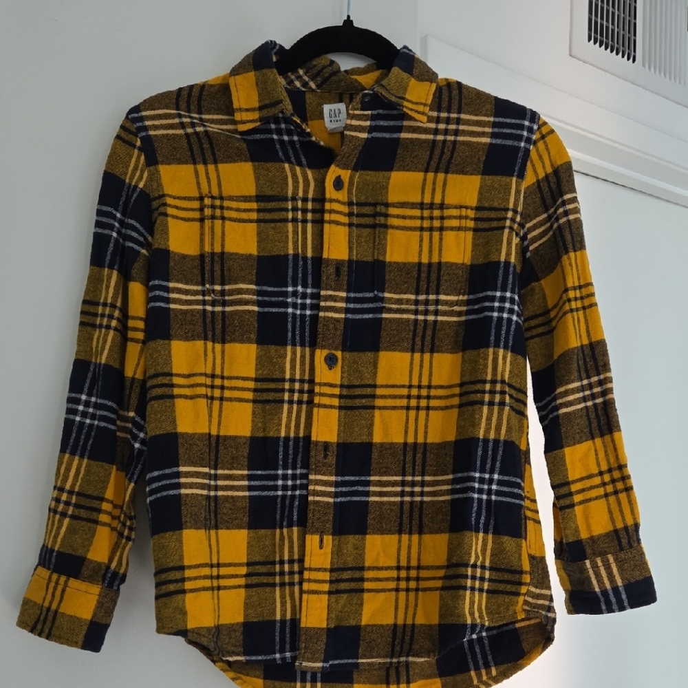 GAP Kids Mustard and Navy Flannel Plaid Button-Down Shirt